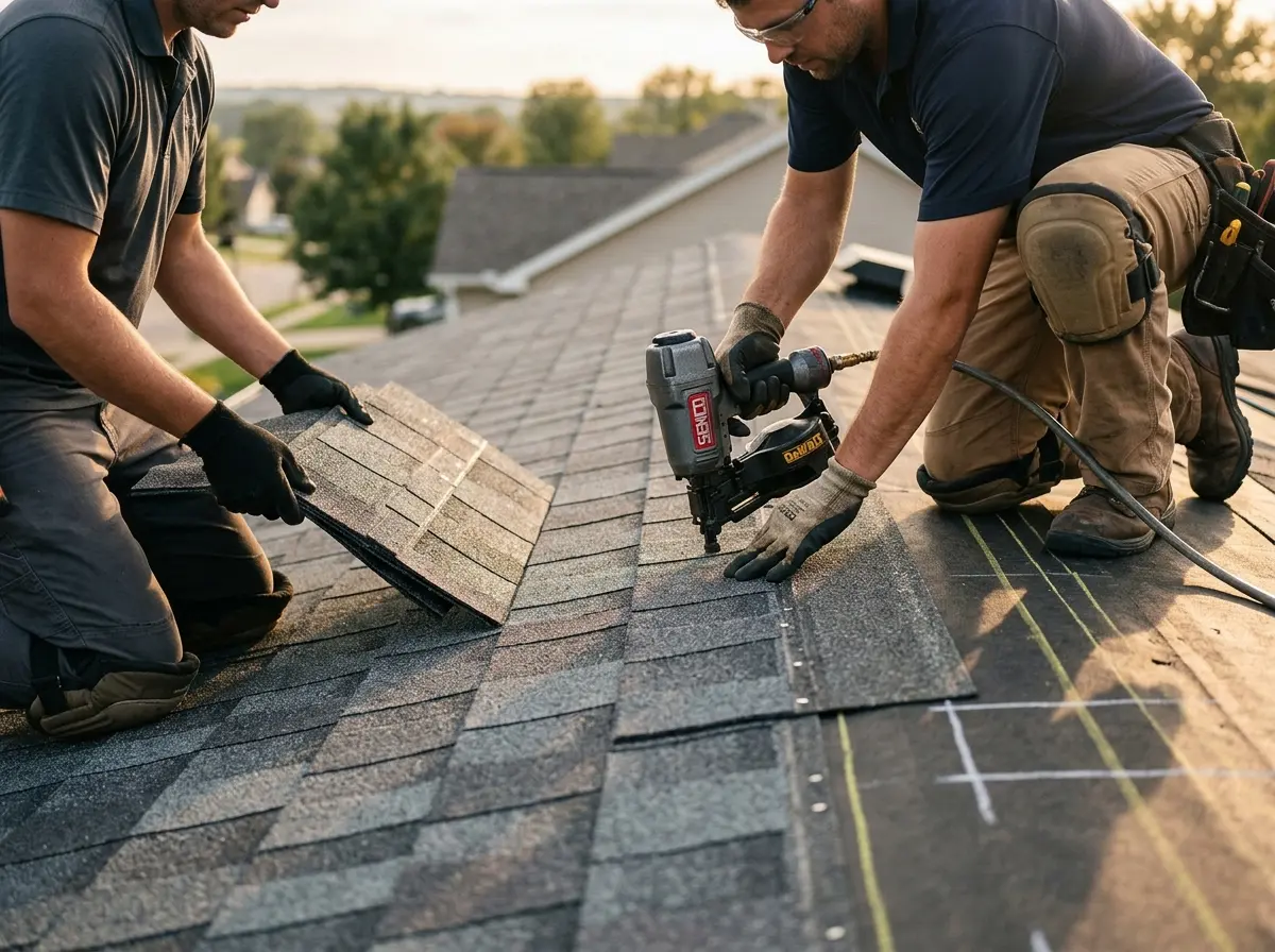 Professional roofer working on a residential roof in Clovis